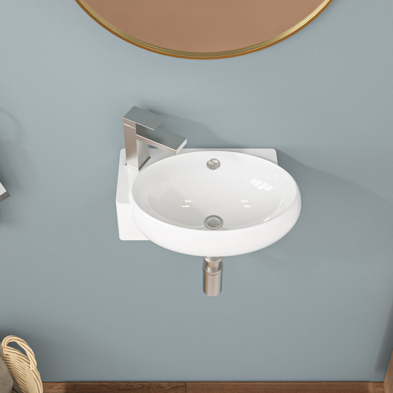 16.5" L x 11" W White Ceramic Oval Wall Mount Bathroom Sink with Overflow