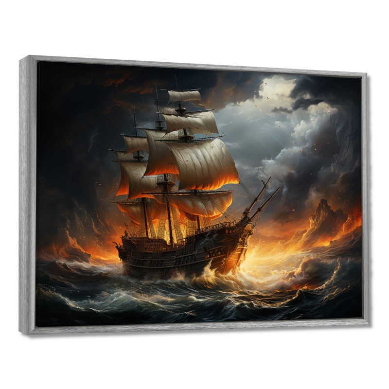 «Stormy Seas», art mural pirate, H 12 po x l 20 po x P 1 po, Cadre argenté flottant