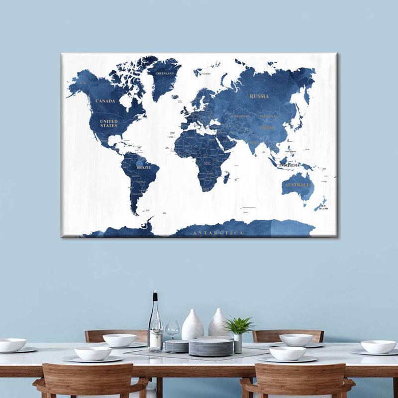 Carte du monde texturée bleue sur toile, H 26 po x l 39 po x P 1,25 po
