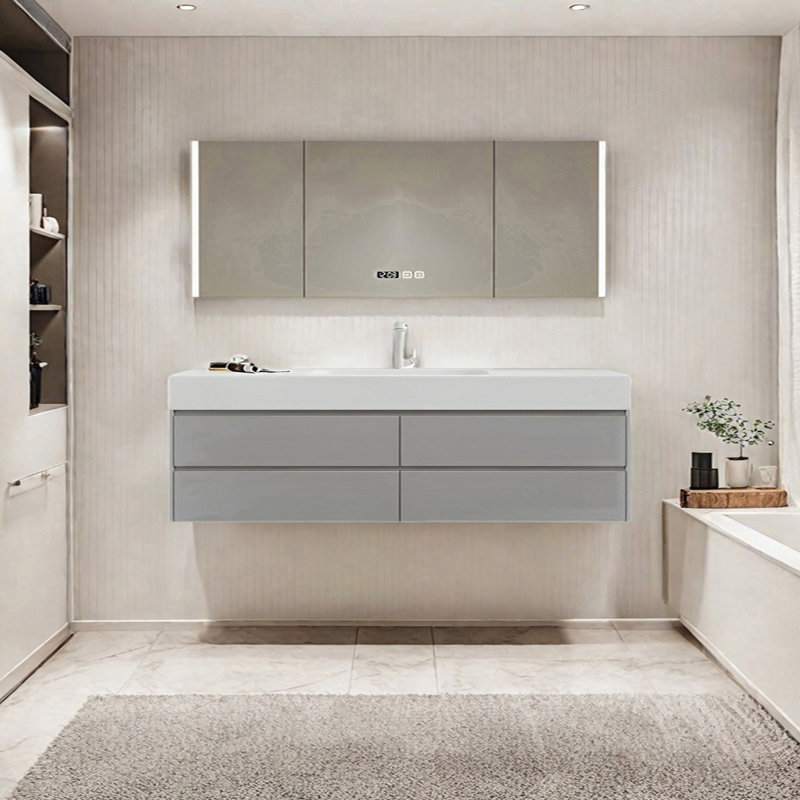 Armoire de salle de bain crème, Gris clair, H 19,68 po x l 70,86 po x P 21,65 po
