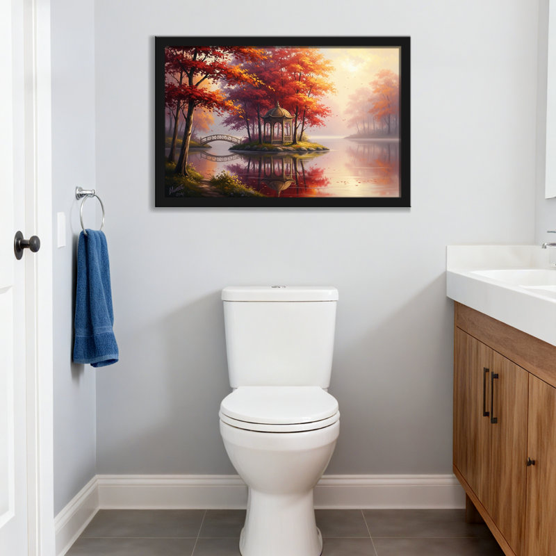 Plantes et fleurs, automne, lac, pavillon de jardin, arbres de réflexion, coucher de soleil, H 24 po x l 36 po, Toile tendue