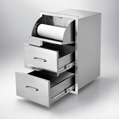 Stainless Steel Kitchen Cabinet with 3 Drawers & Paper Towel Holder, Durable and Space-Efficient Storage Organizer for Modern Kitchens