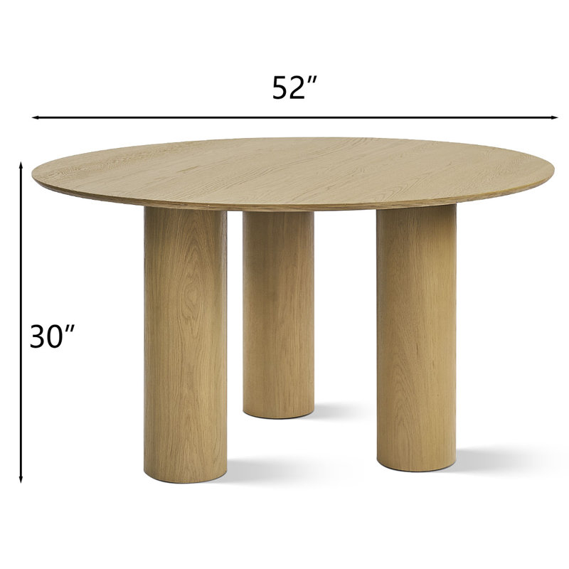 52" Round Solid Oak Wood Dining Table with 3 Sculptural Pillar Legs, Natural