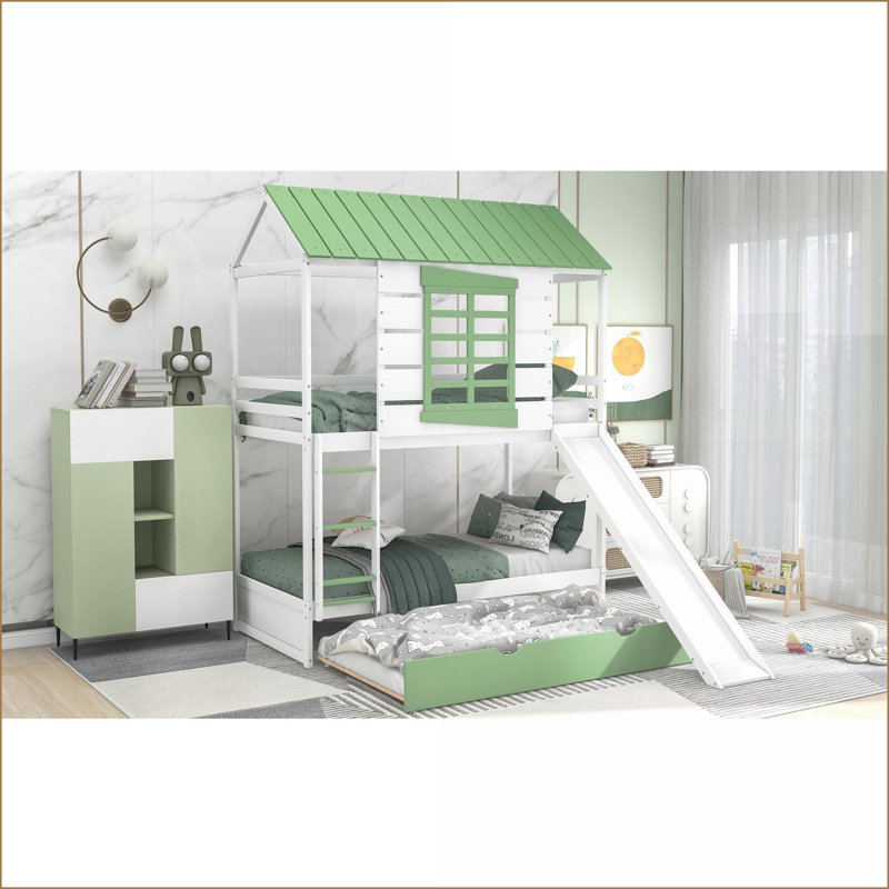 Double sur simple pin massif & amp; Lit superposé en MDF avec glissière convertible Lit gigogne - Blanc / Vert