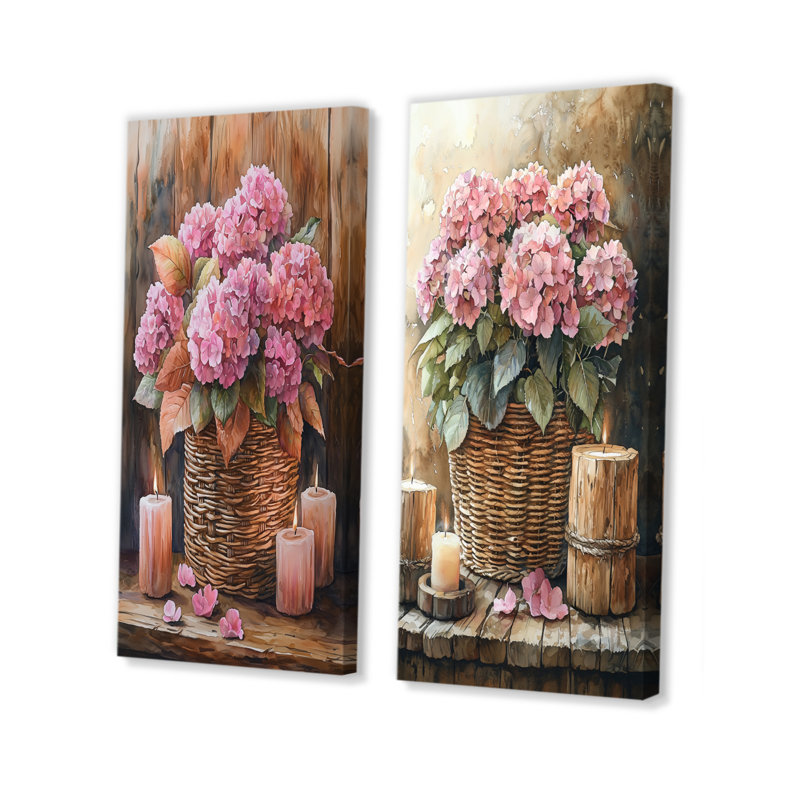 Hortensias dans un panier tissé avec bougie I - Collection de 2 impressions florales sur toile, H 28 po x l 25 po