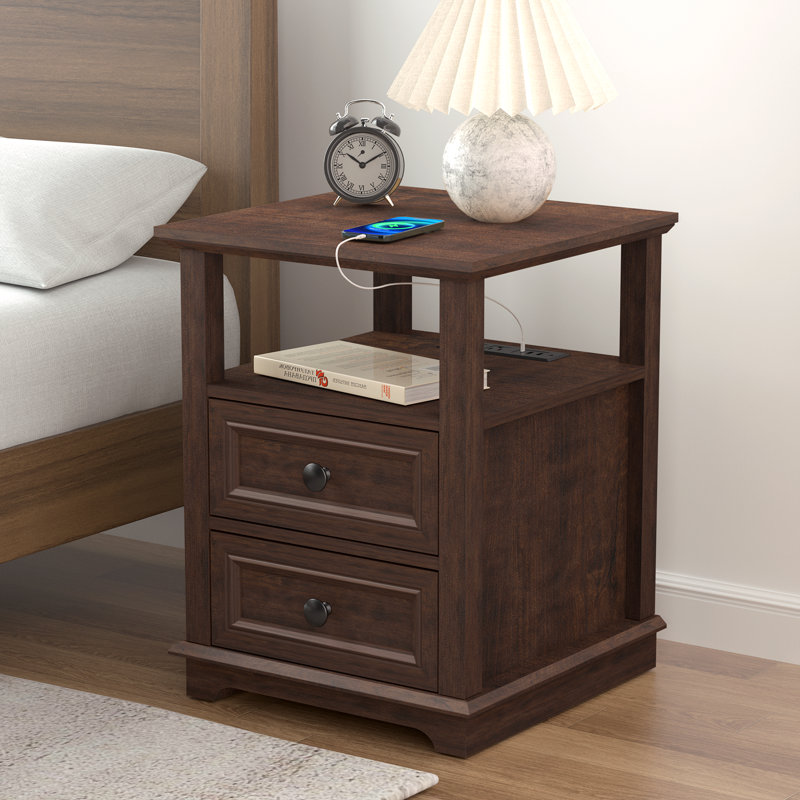 Cherry MDF End Table Set with Storage and Built-In Outlets