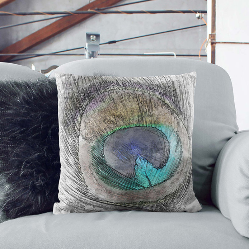 Delicate Peacock Feather In Abstract Square Throw Cushion, 40cm H x 40cm W x 15cm D, Black