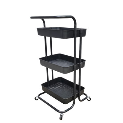 3-Tier Rolling Cart Utility Storage Rack Cart With Handle And Lockable Wheels, Black, Easy Assemble For Kitchen,Bathroom Laundry Room 22036