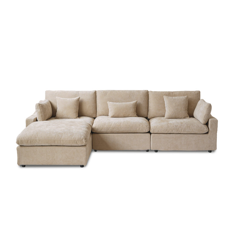 Slipcovered Upholstered Modular Sofa With Ottoman, 29.53" H x 119.29" W x 77.95" D, Khaki