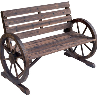 Banc de patio en bois de 41 po de style rustique avec résistance aux intempéries, 2 sièges et roue de chariot, fabrication robuste, mobilier d'extérieur brun, bois massif
