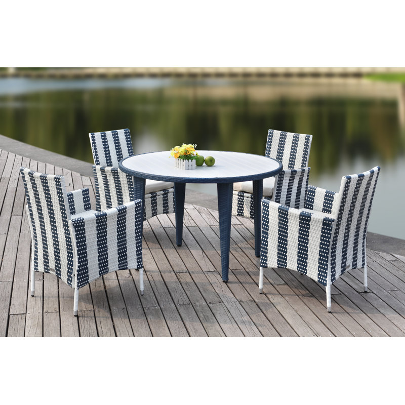 Ensemble repas 5 pièces avec coussins Rodric, Bleu marine/blanc