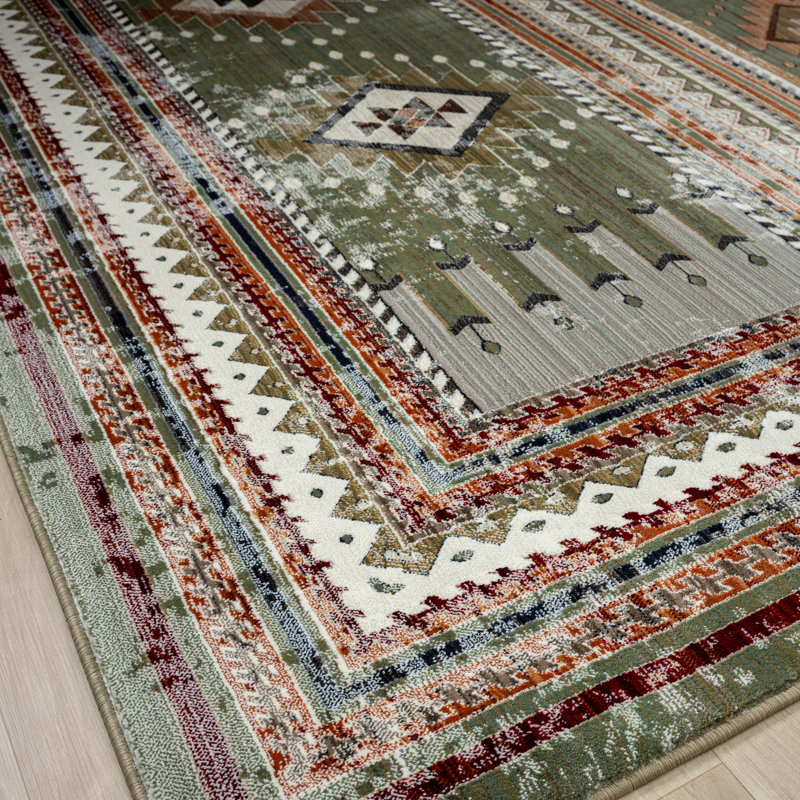 Stepheon Southwestern Area Rug in Green, Rectangle 5'2" x 7'8"