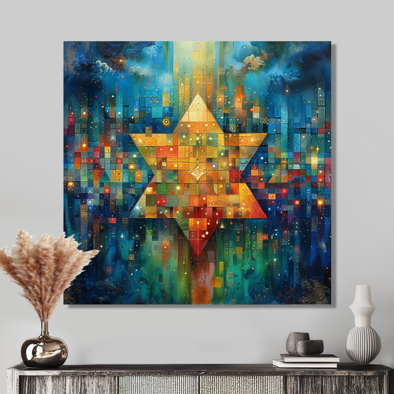 Yellow Hexagram On Geometric Cubist Galaxy - Geometric Wall Art Decor, Wrapped Canvas, 16" H x 16" W x 1" D