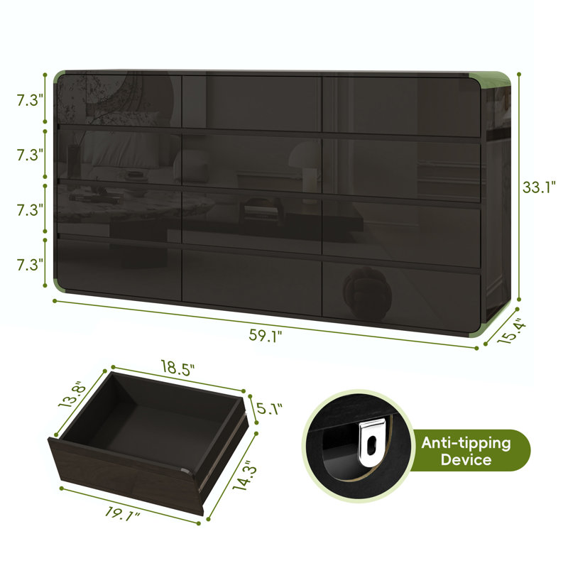 Commode 12 tiroirs 59 po à profil courbé ultrabrillant, Noir