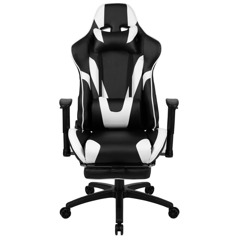 Ergonomic LeatherSoft Computer Gaming Chair with Fully Reclining Back and Slide-Out Footrest, White
