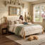 Lit capitonné de style scandinave avec cadre en bois massif, taille King, lin beige-675234330-675234333