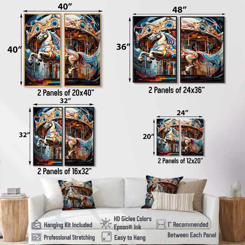 Carrousel cheval - Corail, impressions sur toile traditionnelles, H 20 po x l 24 po, Toile tendue, Ne s’applique pas