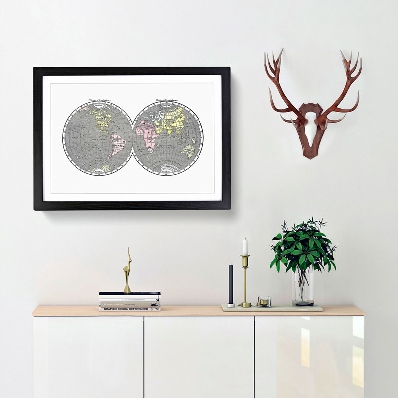 World Map Illustration - Framed Print, 27cm H x 36cm W x 2cm D, Black Framed