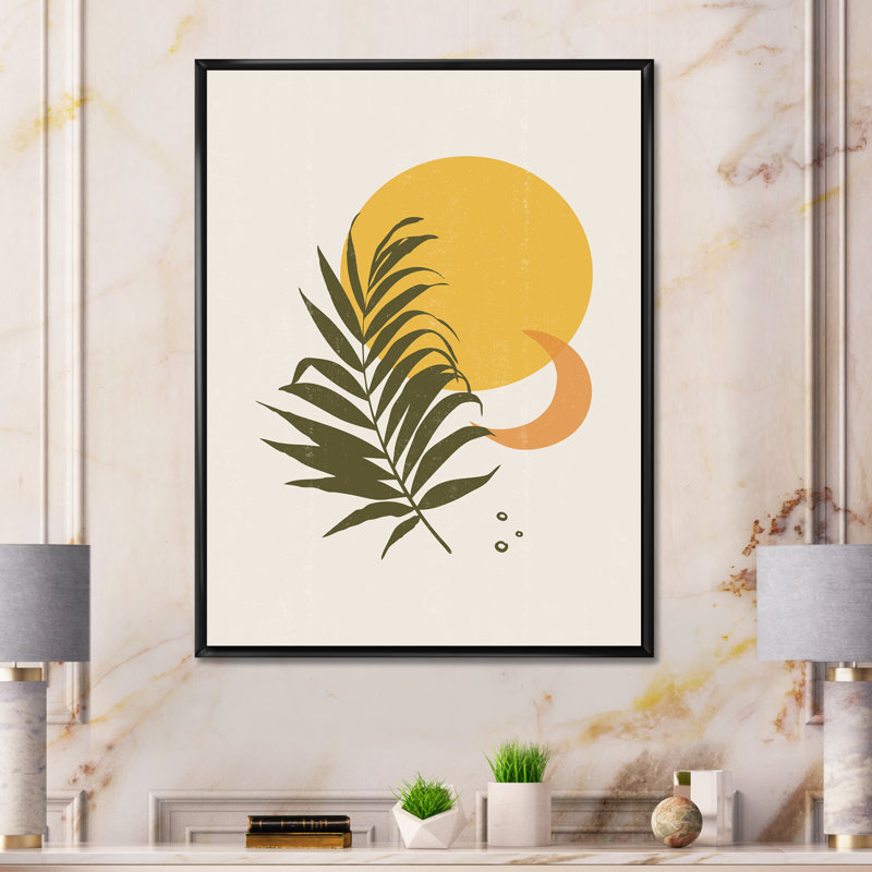 Abstrait soleil jaune et lune avec feuille tropicale I - impression sur toile, H 20 po x l 12 po x p 1 po