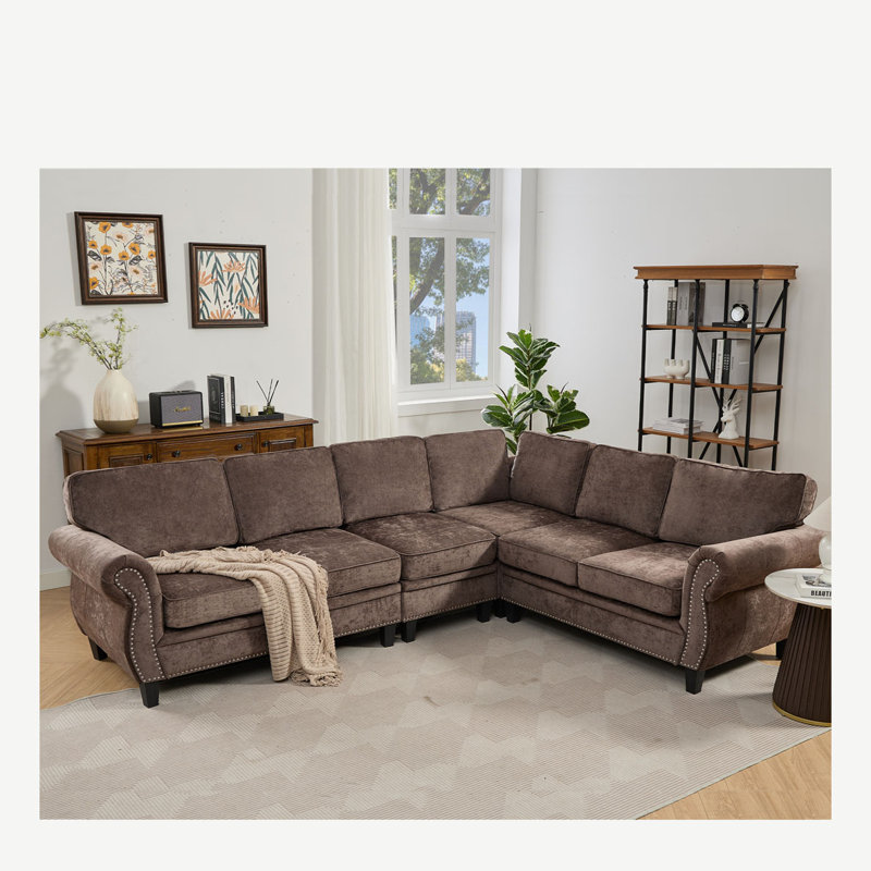 Canapé modulaire 3 pièces avec accoudoirs roulés décorés Virelia, Polyester chocolat