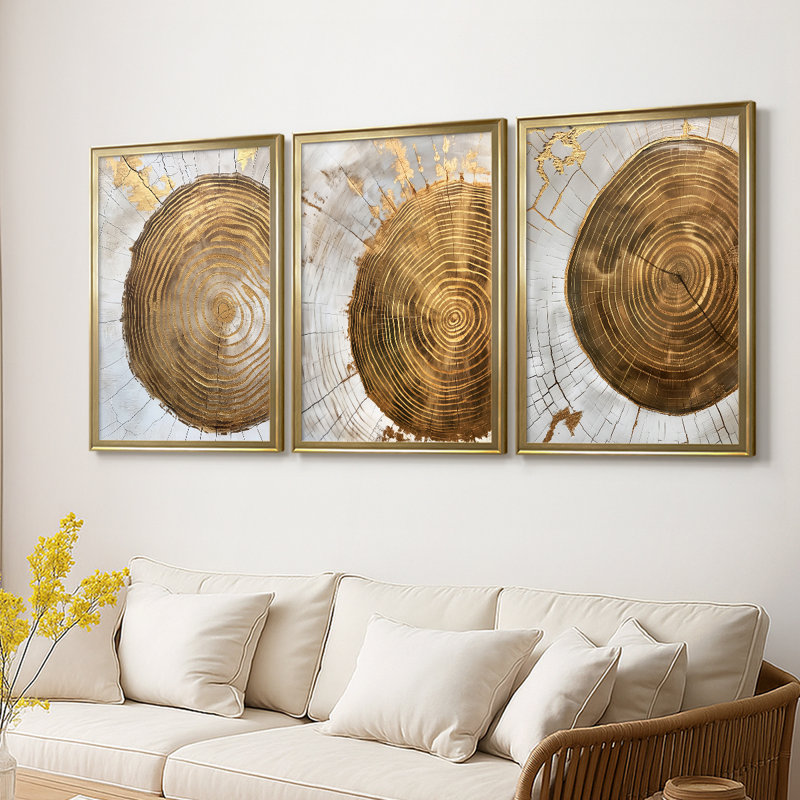 ABSTRACT Series CLXIX - Toile tendue avec châssis sur mesure - 3 pièces, H 27 po x l 39 po, Doré