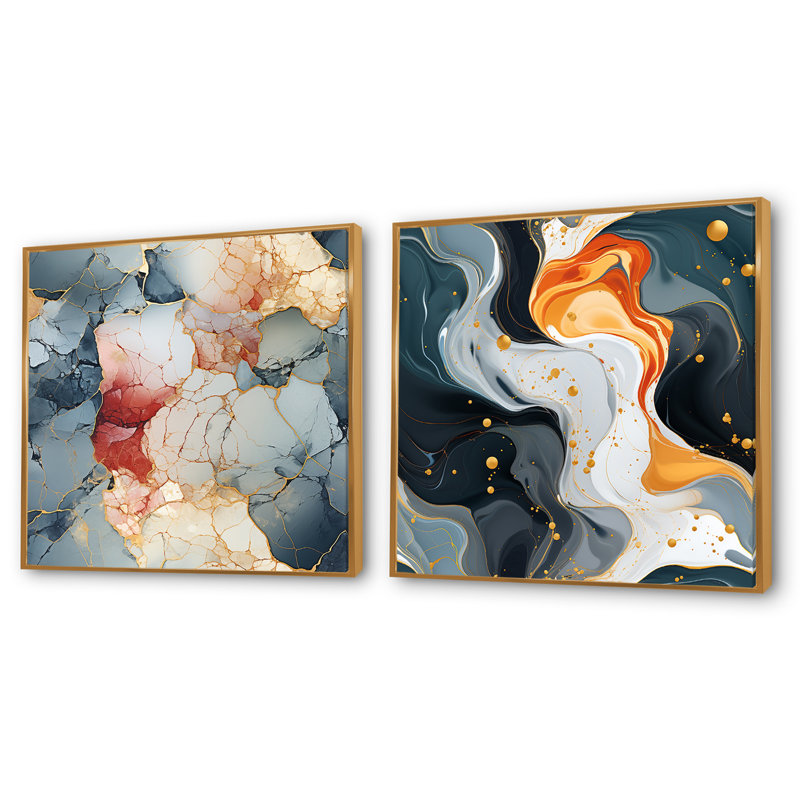 Lamorteau - Ensemble de 2 collages abstraits carrés, Cadre flottant doré, H 36 po x l 73 po