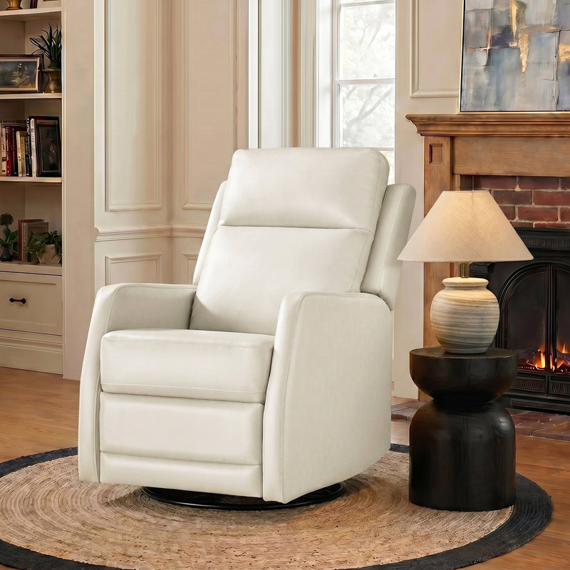 McGuffey Faux Leather Swivel Rocker Recliner with Metal Base, Ivory Faux Leather