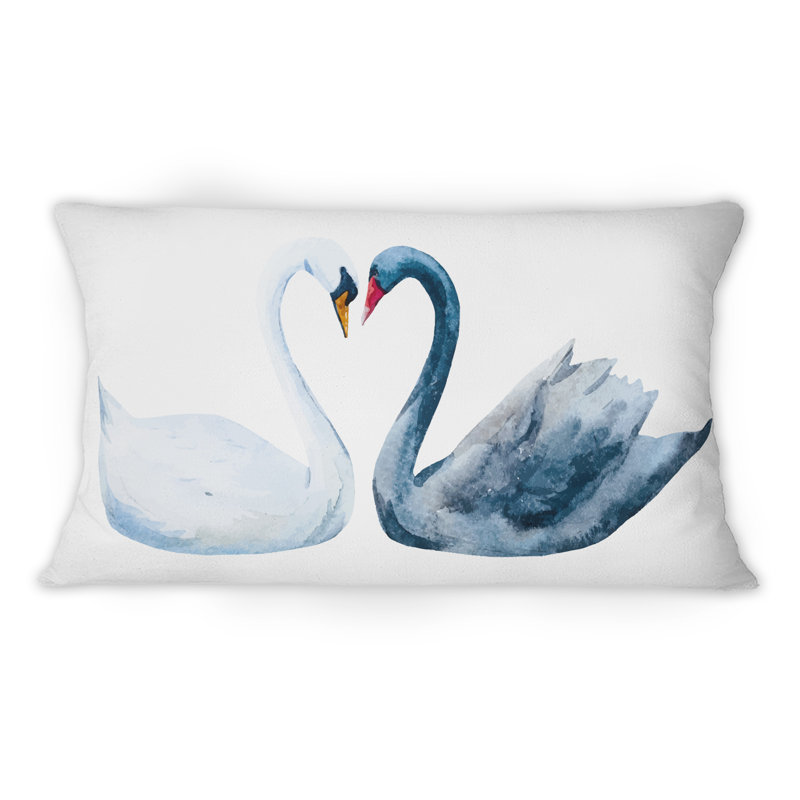 Coussin décoratif noir et blanc à motif de cygnes en forme de cœur - 1