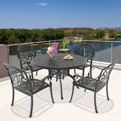 Ensemble de salle à manger d'extérieur rond 5 pièces de 120 cm (47,24 po) avec trou pour parasol, 4 chaises empilables avec coussins bruns