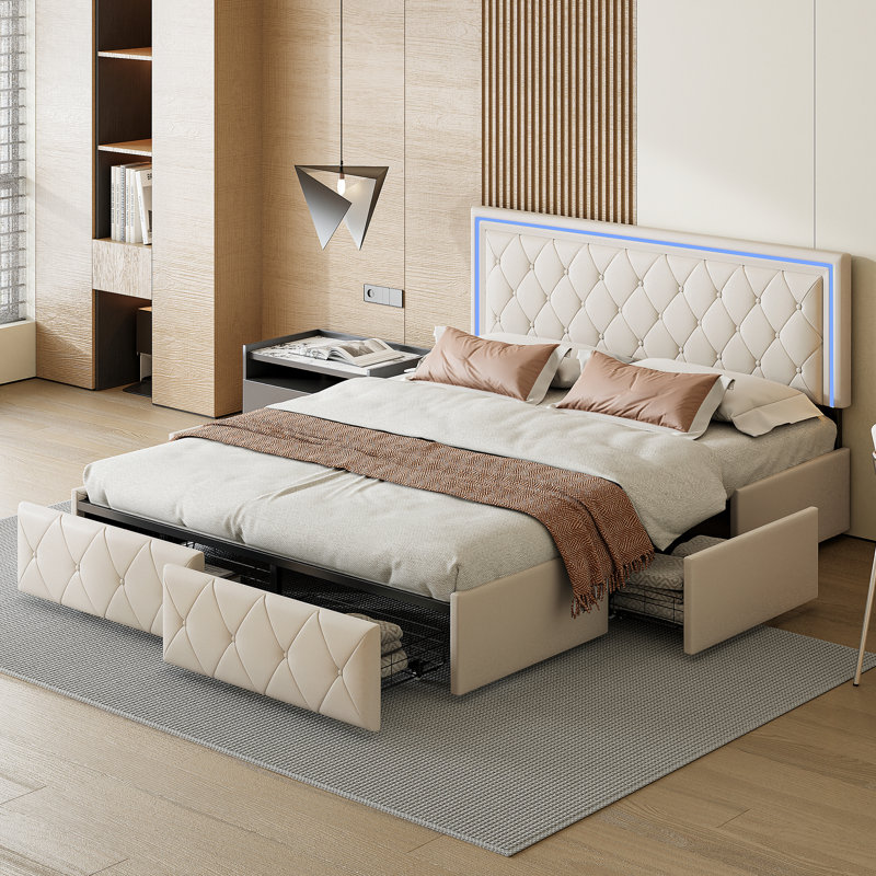 Upholstered Storage Bed, European Double (140 x 200 cm), Beige