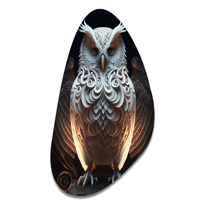 Luminous White Owl I - Animals Owl Fall Shape Assymterical Metal Wall Art, 31" H x 17" W