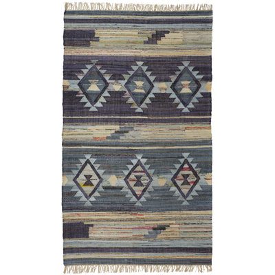 Tapis bleu sarcelle / gris / bleu marine en coton tissé à plat à la main Grangeover Sands
