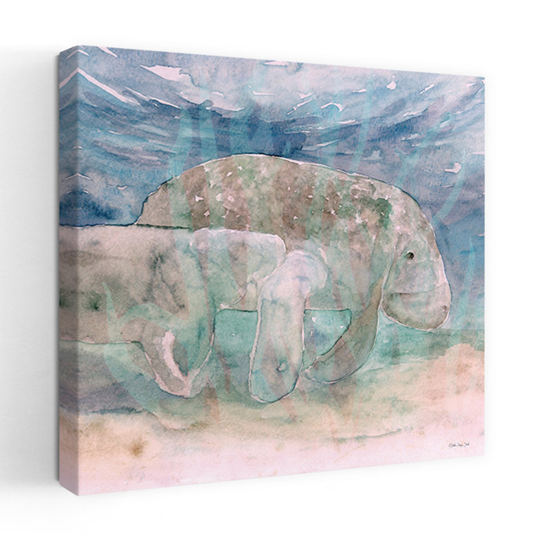 Mère lamantin et veau, art côtier abstrait, H 18 po x l 18 po