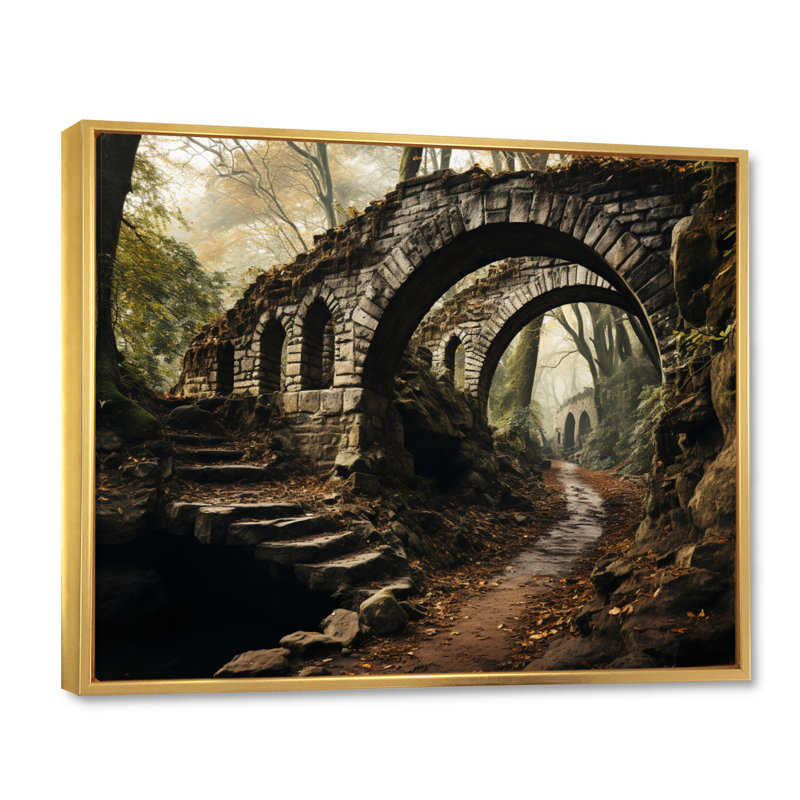 Maddilyn Gray Bridge, ardoise rustique arche II sur toile, Cadre flottant doré, H 34 po x l 44 po x P 1,5 po
