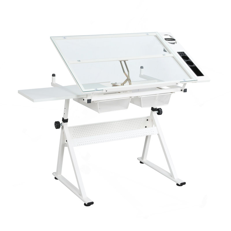 Table à dessin réglable en verre trempé avec chaise, Blanc