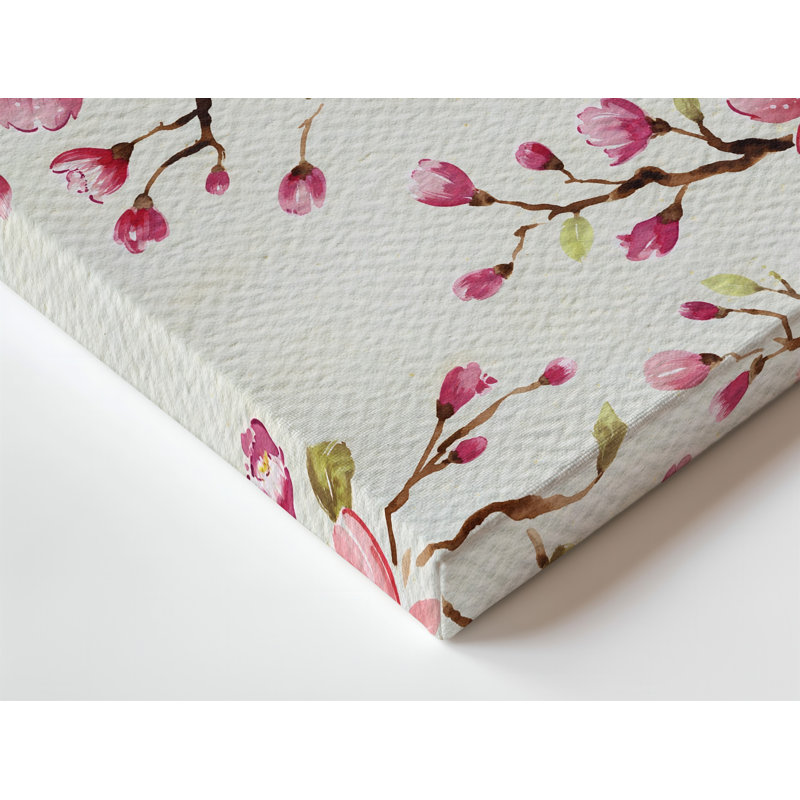 Toile, motif délicat de cerisiers en fleurs peints à la main sur fond d'art mural, fond beige doux texturé mettant en vedette des grappes