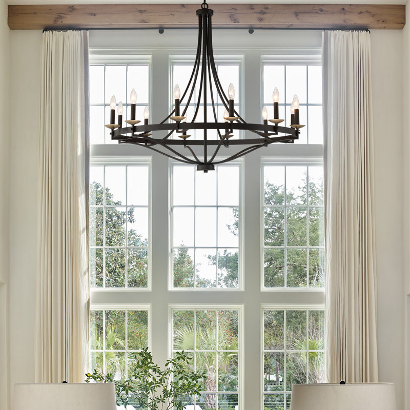 Mattheo 12-Light Dimmable Steel Candle Style Hardwired Wagon Wheel Chandelier with Adjustable Height 