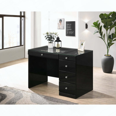 Coiffeuse avec plateau en verre, 5 tiroirs et boutons en cristal Glam