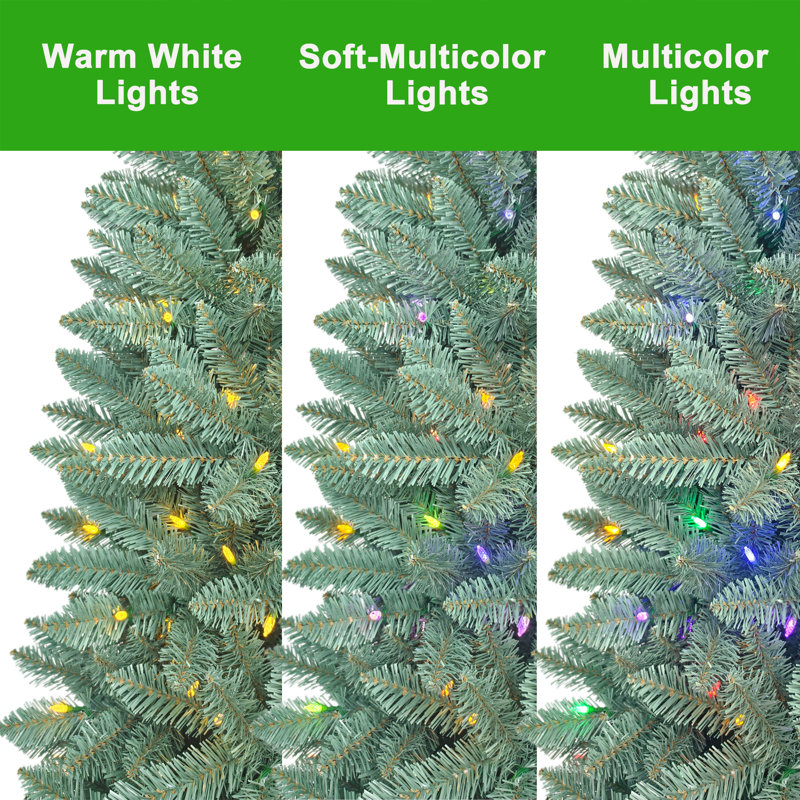 Arbre de Noël artificiel mince 7,5 pi avec 843 branches, 250 lumières DEL bicolores et un pied en métal, épinette réaliste réaliste avec lumières multifonctionnelles