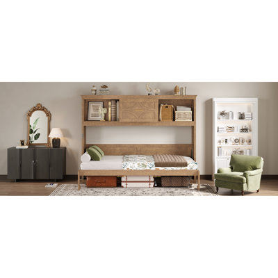 Lit simple en blanc avec rangement, tiroir et 2 unités de rangement - Port en bois de pin de qualité, éléments de décoration rustique massif