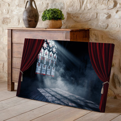 Canvas A Dimly Lit Gothic Interior Featuring A Grand Arched Window Wall Art With Intricate Stained Glass Casting Dramatic Shafts Of Canvas Wall Art