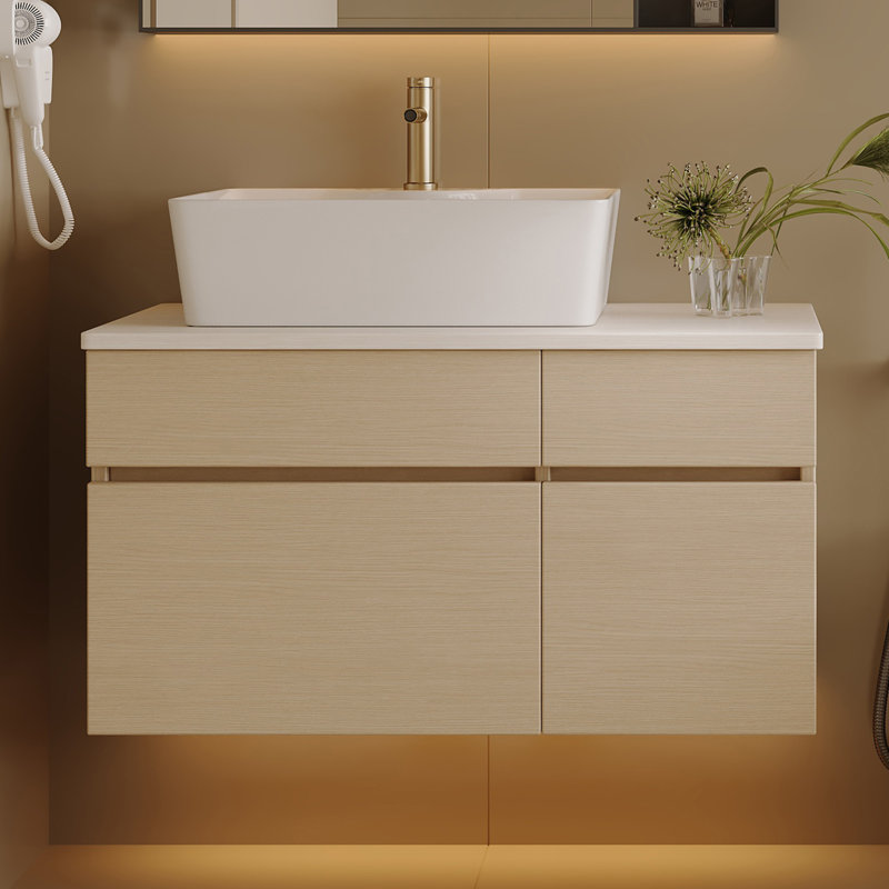 Petit meuble-lavabo flottant simple 31,5 pouces avec lavabo, Chêne
