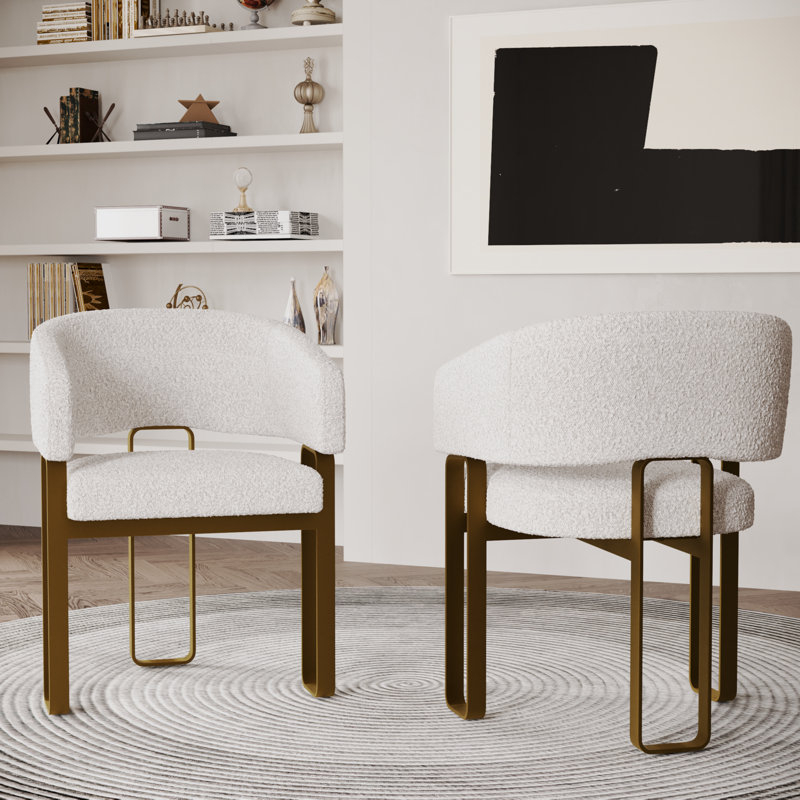 Boucle Barrel Dining Side Chairs With Arms, Brass, White