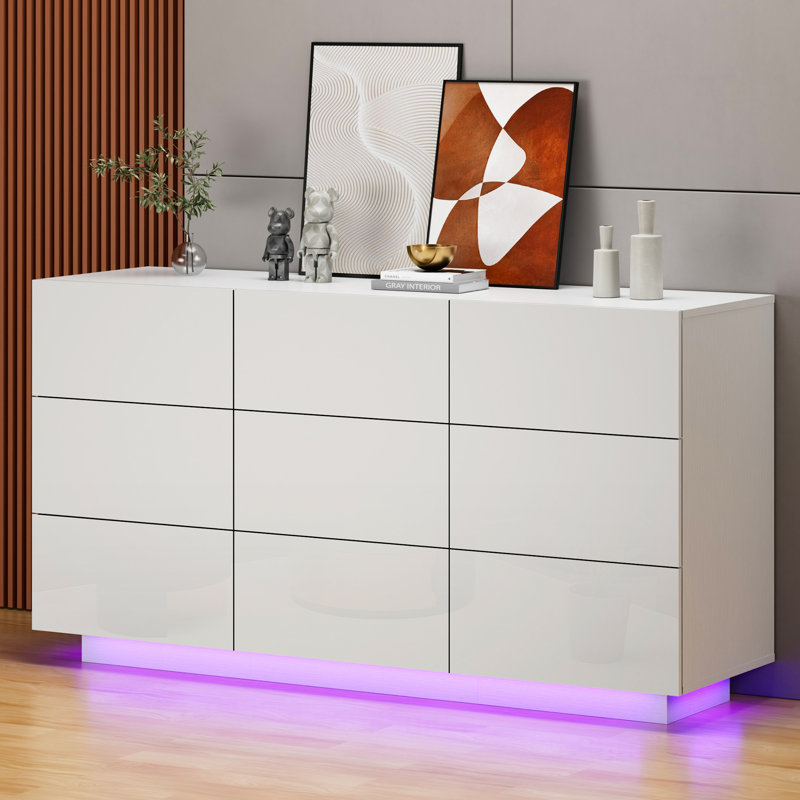 Commode 9 tiroirs lustrée 55,1 po Kimbereley, Blanc