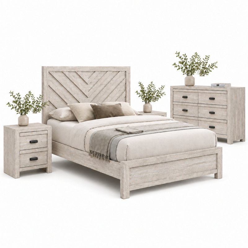Ensemble de chambre pour grand lit, beige, bois noir, ensemble de 4 pièces avec 2 tables de chevet et commode