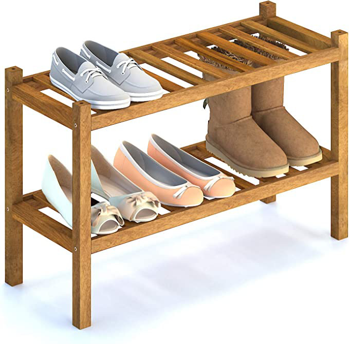 6 Pair Stackable Solid Wood Shoe Rack, Golden Teak