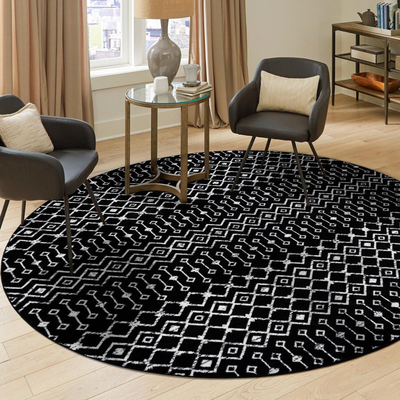 Selim Geometric Black Area Rug, Round 10'