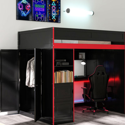 Twin - Size Gaming Loft Bed With Led Lights, Desk, And Storage For A Comfort Focused Studying Space Sized Shelves Bright Study Spot