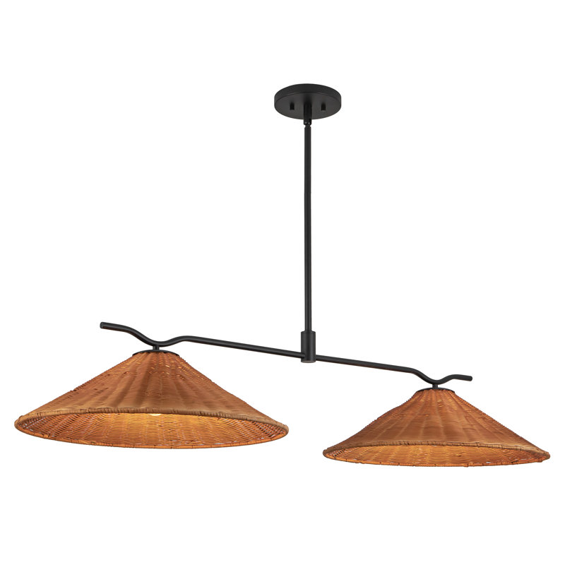 Luminaire suspendu linéaire noir 50 po avec abat-jour en rotin naturel Chetopa, Black/Natural Rattan