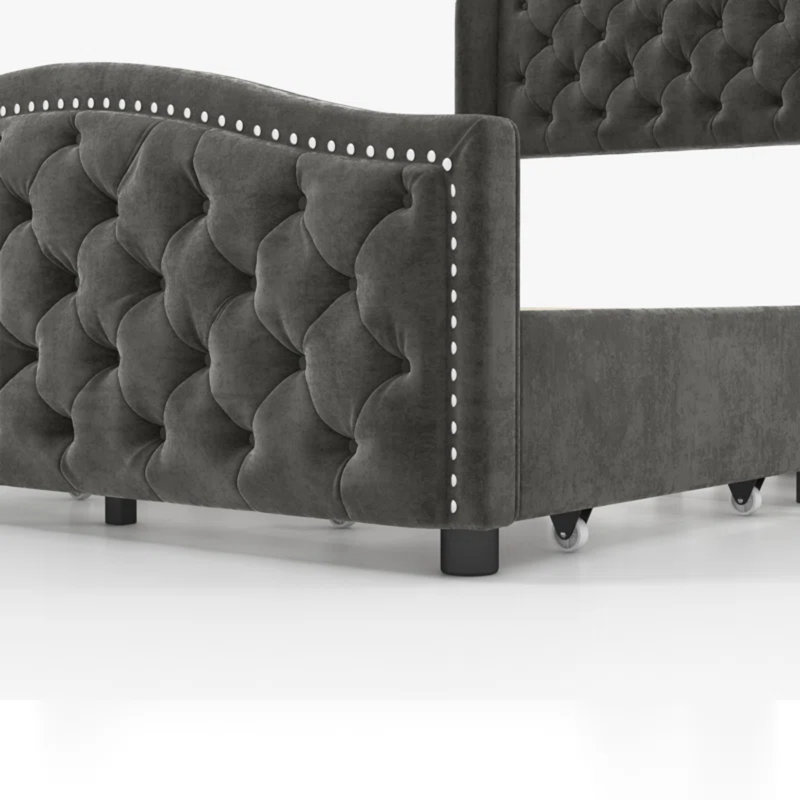 Kassaia Velvet Platform Bed with Tufted Headboard & Drawers